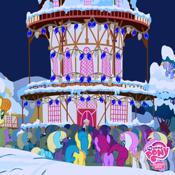 Size: 800x800 | Tagged: safe, screencap, berry punch, berryshine, carrot top, daisy, derpy hooves, flower wishes, golden harvest, lemon hearts, mayor mare, sassaflash, twinkleshine, earth pony, pegasus, pony, unicorn, g4, winter wrap up, background pony, background pony audience, clone, cropped, derpies, female, mare, multeity, my little pony logo, ponyville town hall, town hall, unstoppable force of derp, winter, winter wrap up vest