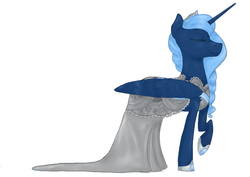Size: 970x686 | Tagged: safe, artist:amber flicker, princess luna, g4, alternate hairstyle, clothes, dress, eyes closed, female, queen luna, raised hoof, smiling, solo, wedding dress