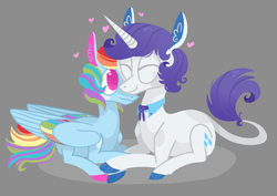 Size: 1280x905 | Tagged: safe, artist:jellybeanbullet, rainbow dash, rarity, classical unicorn, g4, elusive, eyes closed, gay, heart, horn, leonine tail, male, nuzzling, prone, rainbow blitz, rule 63, ship:raridash, shipping, smiling, snuggling, wavy mouth
