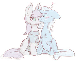 Size: 988x782 | Tagged: safe, artist:kathyatipton, maud pie, trixie, pony, unicorn, g4, blushing, female, heart, lesbian, mare, nuzzling, ship:mauxie, shipping, snuggling