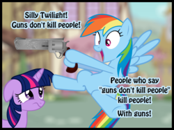 Size: 800x600 | Tagged: safe, rainbow dash, twilight sparkle, g4, floppy ears, frown, gun, hoof hold, open mouth, revolver, smiling, team fortress 2, this will end in tears, this will end in tears and/or death, wide eyes