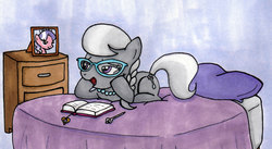 Size: 1665x912 | Tagged: safe, artist:thedarklordkeisha, diamond tiara, silver spoon, pony, g4, bed, bedroom eyes, diary, female, glasses, lesbian, open mouth, prone, ship:silvertiara, shipping, smiling, solo, traditional art