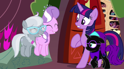 Size: 1246x693 | Tagged: safe, artist:burntuakrisp, diamond tiara, silver spoon, twilight sparkle, oc, oc:nyx, alicorn, pony, fanfic:past sins, g4, twilight sparkle (alicorn)