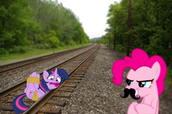 Size: 1024x681 | Tagged: safe, artist:bluse, edit, pinkie pie, twilight sparkle, alicorn, earth pony, pony, g4, abuse, bondage, butt, damsel in distress, dastardly whiplash, female, hogtied, irl, mare, moustache, peril, photo, plot, ponies in real life, rope, tied to tracks, tied up, train tracks, twilight sparkle (alicorn), twilybuse