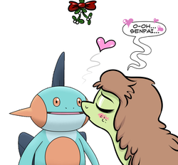 Size: 1024x950 | Tagged: safe, artist:catfood-mcfly, oc, oc:checked privilege, marshtomp, ask fury belle, exploitable meme, kissing, meme, mistletoe, pokémon