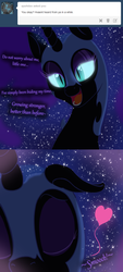 Size: 1000x2221 | Tagged: safe, artist:azurek, nightmare moon, ask princess moon, g4, bedroom eyes, comic, eyes closed, female, floppy ears, glowing eyes, heart, kissing, looking at you, nicemare moon, open mouth, pov, smiling, solo, tumblr
