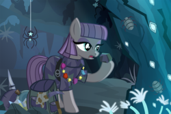 Size: 900x600 | Tagged: safe, artist:pixelkitties, maud pie, insect, spider, star spider, g4, cave, female, open mouth, raised hoof, rock, rock candy necklace, solo