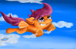Size: 1024x666 | Tagged: safe, artist:inurantchan, scootaloo, g4, female, flying, scootaloo can fly, solo