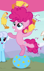 Size: 380x610 | Tagged: safe, screencap, linky, pinkie pie, shoeshine, g4, pinkie pride, ball, female, filly, filly pinkie pie, juggling, outfit catalog, rubber chicken, younger