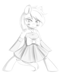 Size: 1737x2071 | Tagged: safe, artist:randy, oc, oc only, oc:aryanne, semi-anthro, arm hooves, bipedal, black and white, blushing, bow, breasts, clothes, doll, dress, dress up, embarrassed, female, frown, girly, grayscale, long hair, model, monochrome, necklace, outline, pose, shy, socks, solo, tsundere