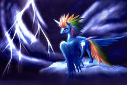 Size: 1095x730 | Tagged: safe, artist:xormak, rainbow dash, alicorn, pony, g4, alicornified, alternate hairstyle, bedroom eyes, butt, cloud, cloudy, featured image, female, glowing horn, grin, horn, lightning, looking at you, looking back, plot, race swap, radical, rainbowcorn, realistic, smiling, solo, spread wings, storm, stormcloud