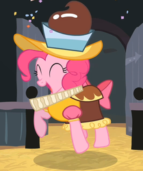Size: 529x632 | Tagged: safe, screencap, chancellor puddinghead, pinkie pie, earth pony, pony, g4, hearth's warming eve (episode), cute, diapinkes, eyes closed, female, mare, open mouth, outfit catalog, raised hoof, solo