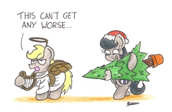 Size: 1932x1262 | Tagged: safe, artist:bobthedalek, oc, oc only, oc:mixed melody, oc:octavia's father, oc:octavia's mother, oc:ostinato melody, angel, earth pony, pony, bipedal, christmas tree, clothes, costume, dialogue, duo, fake wings, hat, imminent insertion, implied anal insertion, implied insertion, lidded eyes, lyre, musical instrument, santa hat, simple background, tempting fate, this will end in tears, tongue out, traditional art, tree, white background