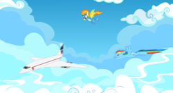 Size: 11999x6470 | Tagged: safe, artist:baumkuchenpony, artist:goblinengineer, artist:silentmatten, artist:trainriver22, rainbow dash, spitfire, pegasus, pony, g4, absurd resolution, aircraft, british airways, concorde, female, flying, mare