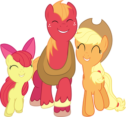 Size: 1280x1187 | Tagged: safe, artist:stillfire, apple bloom, applejack, big macintosh, earth pony, pony, g4, apple siblings, eyes closed, happy, smiling