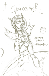 Size: 421x650 | Tagged: safe, artist:foldeath, changeling, astronaut, monochrome, sketch, solo, space