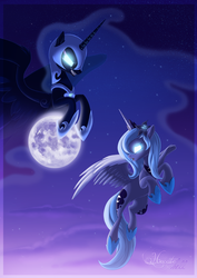 Size: 1600x2263 | Tagged: safe, artist:hecatehell, nightmare moon, princess luna, g4, duality, flower in hair, flying, glowing eyes, grin, moon, s1 luna, spread wings