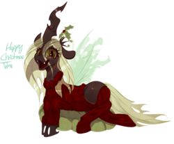 Size: 1280x1062 | Tagged: safe, artist:carligercarl, queen chrysalis, changeling, g4, brown changeling, christmas, christmas changeling, clothes, female, holly, holly mistaken for mistletoe, horn, pillow, socks, solo, sweater, wings