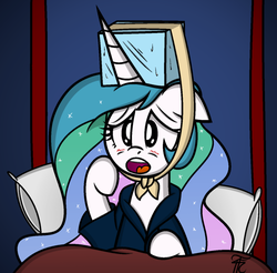Size: 1282x1264 | Tagged: safe, artist:arthur9078, artist:php92, princess celestia, g4, bathrobe, bed, blushing, clothes, colored, cute, cutelestia, female, floppy ears, ice, open mouth, pillow, sick, solo