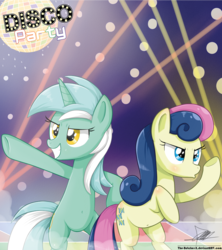 Size: 1259x1418 | Tagged: safe, artist:the-butch-x, bon bon, lyra heartstrings, sweetie drops, earth pony, pony, unicorn, g4, background pony, belly button, bipedal, cute, dancing, disco, disco ball, disco dance, duo, female, grin, mare, smiling