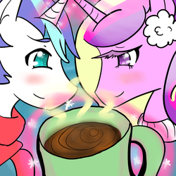 Size: 1024x1024 | Tagged: safe, artist:alienkittykun, princess cadance, shining armor, g4, blushing, clothes, hot chocolate, looking at each other, scarf, sweater