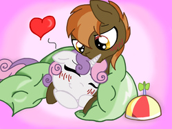 Size: 1024x768 | Tagged: safe, artist:lovelizeswe, button mash, sweetie belle, g4, blanket, blushing, colt, cuddling, female, filly, male, ship:sweetiemash, shipping, sleeping, sleepover, snuggling, straight