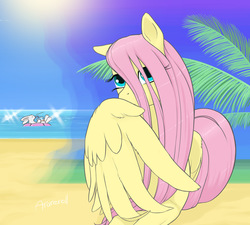 Size: 1202x1080 | Tagged: safe, artist:arareroll, angel bunny, fluttershy, pony, g4, beach, covering, fluffy, hair over one eye, hiding, looking at you, wings