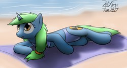 Size: 1280x687 | Tagged: safe, artist:the-furry-railfan, oc, oc only, oc:gamma ray, pony, unicorn, fallout equestria, fallout equestria: occupational hazards, beach, bikini, clothes, lying down, ponytail, prone, sand, seaside, smiling, solo, swimsuit, towel