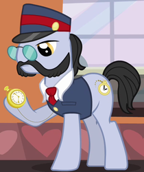 Size: 400x477 | Tagged: safe, screencap, all aboard, earth pony, pony, g4, one bad apple, clothes, conductor, cropped, facial hair, glasses, hoof hold, male, moustache, pocket watch, solo, stallion, watch