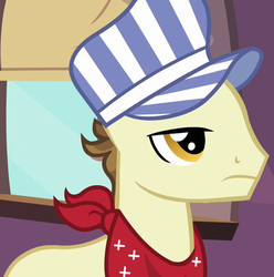 Size: 713x720 | Tagged: safe, screencap, steamer, earth pony, pony, g4, mmmystery on the friendship express, bandana, hat, male, solo, stallion, train, train conductor, train engineer