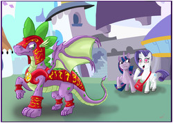 Size: 4961x3508 | Tagged: safe, artist:dinodraketakethecake, rarity, spike, twilight sparkle, alicorn, pony, g4, armor, bag, female, heart eyes, male, mare, older, older spike, ship:sparity, shipping, straight, twilight sparkle (alicorn), unshorn fetlocks, wingding eyes