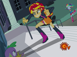 Size: 2222x1652 | Tagged: safe, screencap, rainbow dash, spike, sunset shimmer, dog, human, equestria girls, g4, my little pony equestria girls, armpits, arms in the air, boots, fall formal outfits, hands in the air, high heel boots, legs, sinhala, spike is not amused, spike the dog, tamil, telugu, unamused