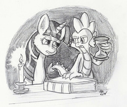 Size: 1179x994 | Tagged: safe, artist:sensko, spike, twilight sparkle, dragon, pony, g4, black and white, book, candle, duo, grayscale, hourglass, monochrome, pencil drawing, sleepy, traditional art