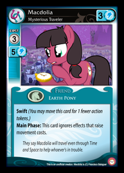 Size: 868x1211 | Tagged: safe, artist:flash equestria photography, oc, oc only, oc:macdolia, earth pony, pony, fake, mlp trading card game, night, pigtails, pocket watch, ponyville, tongue out