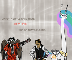 Size: 1280x1067 | Tagged: safe, artist:lucandreus, princess celestia, oc, pegasus, pony, anthro, g4, anthro with ponies, assassin's creed, bipedal, crossover, ezio auditore, frown, grin, long neck, pointing, ponified, question mark, smirk