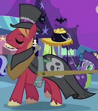 Size: 200x226 | Tagged: safe, screencap, big macintosh, spike, dragon, earth pony, pony, g4, luna eclipsed, baron, clothes, costume, cropped, mac the ripper, male, nightmare night, outfit catalog, stallion