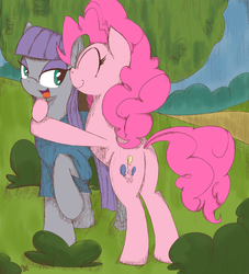 Size: 1000x1100 | Tagged: safe, artist:ollywiicious, maud pie, pinkie pie, g4, hug, shrub, sisters, smiling, tree