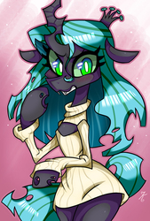 Size: 615x909 | Tagged: dead source, safe, artist:kaliptro, queen chrysalis, changeling, changeling queen, semi-anthro, g4, bipedal, blushing, clothes, female, keyhole turtleneck, looking at you, open-chest sweater, shirt, solo, sweater, turtleneck