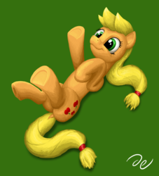 Size: 1048x1152 | Tagged: safe, artist:da-exile, applejack, earth pony, pony, g4, atg 2014, cute, female, jackabetes, legs in air, looking up, mare, missing accessory, newbie artist training grounds, on back, signature, smiling, solo, underhoof