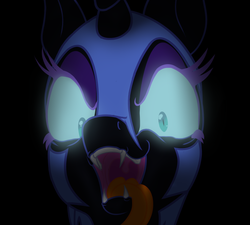 Size: 649x585 | Tagged: safe, artist:azurek, nightmare moon, g4, bust, fangs, female, glowing eyes, long tongue, maw, mawshot, open mouth, show accurate, slit pupils, solo, spooky, throat, tongue out, uvula, volumetric mouth