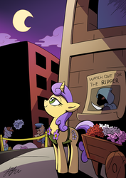 Size: 1447x2046 | Tagged: safe, artist:lovelyneckbeard, sunshine petals, oc, pony, unicorn, g4, background pony, camera, cart, clothes, crime, crime scene, daisy dukes, dead, detective, flower, i can't believe it's not idw, implied murder, magic, manehattan, police, this will end in death, wanted poster