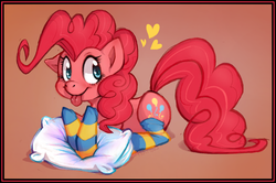 Size: 1100x730 | Tagged: safe, artist:hektious, pinkie pie, g4, clothes, female, heart, pillow, prone, socks, solo, striped socks, tongue out