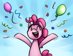 Size: 2299x1788 | Tagged: safe, artist:php177, pinkie pie, earth pony, pony, g4, balloon, bipedal, confetti, cute, diapinkes, eyes closed, female, mare, open mouth, solo