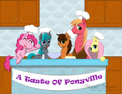 Size: 2199x1696 | Tagged: safe, artist:cloclo2388, big macintosh, fluttershy, pinkie pie, oc, oc:endra, oc:zero, earth pony, pony, g4, cooking, gay, male, rule 63, shipping, stallion