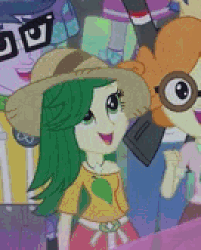 Size: 402x500 | Tagged: safe, screencap, flash sentry, scribble dee, silver spoon, sweet leaf, trixie, equestria girls, g4, my little pony equestria girls: rainbow rocks, perfect day for fun, animated, background human, cute, leafabetes, loop, perfect loop, scribblebetes
