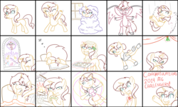 Size: 3000x1802 | Tagged: source needed, safe, artist:wryte, applejack, fluttershy, pinkie pie, rainbow dash, rarity, sunset shimmer, twilight sparkle, alicorn, pony, unicorn, g4, alternate hairstyle, axe, bed, bed mane, blanket, book, card, clothes, comic, cookie, elements of harmony, falling, female, hat, headbang, hearth, hearthstone, holly, ice skating, leotard, lineart, mare, mistletoe, moon, nervous, newbie artist training grounds, portal, scarf, sleeping, smiling, snow, snowfall, solo, stained glass, sunset satan, sword, twilight sparkle (alicorn), underhoof, zzz