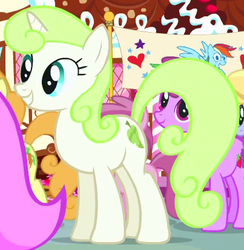 Size: 403x413 | Tagged: safe, screencap, berry punch, berryshine, carrot top, cloud kicker, golden harvest, merry may, minty green, ruby pinch, earth pony, pony, unicorn, g4, pinkie pride, background pony, carrot, cropped, cutie mark, drawing, female, filly, food, leaf, mare, offscreen character, smiling, solo focus