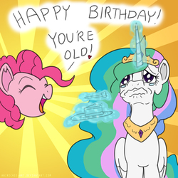 Size: 800x800 | Tagged: safe, artist:ladyanidraws, pinkie pie, princess celestia, alicorn, earth pony, pony, g4, cake, cakelestia, duo, eyes closed, female, happy birthday, heart, levitation, magic, mare, old, sad, teary eyes, telekinesis, this will end in tears and/or a journey to the moon