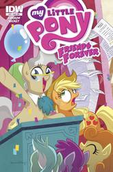 Size: 988x1500 | Tagged: safe, artist:brenda hickey, idw, applejack, berry punch, berryshine, carrot top, golden harvest, lyra heartstrings, mayor mare, friends forever #15, g4, my little pony: friends forever, cover, idw advertisement