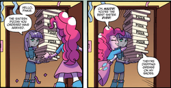 Size: 1122x579 | Tagged: safe, idw, official comic, maud pie, pinkie pie, equestria girls, g4, spoiler:comic, spoiler:comicholiday2014, balloon, boots, bracelet, clothes, food, high heel boots, jewelry, misspelling, pizza, skirt